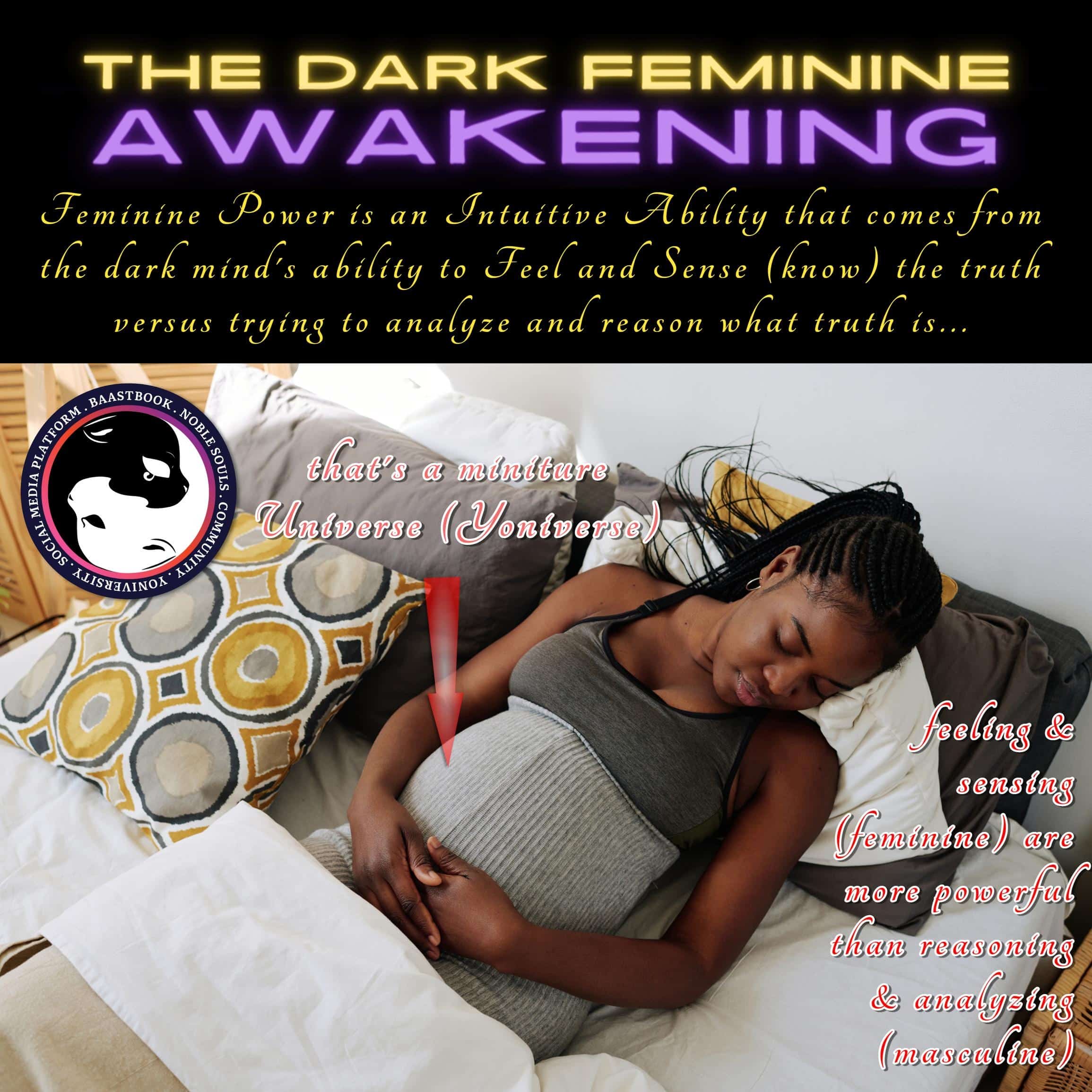 Feminine power feeling seensing intuitive knowledge reason analyze understand masculine black woman bed pregnang baby 02 Collage 1